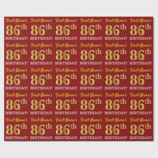 Papier Cadeau Rouge, Imitation Gold Look "86e anniversaire" (Plat)