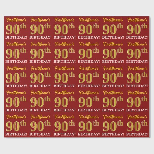 Papier Cadeau Rouge, Imitation Gold Look "90e anniversaire" (Plat)