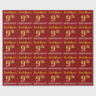 Papier Cadeau Rouge, Imitation Gold Look "9e anniversaire"