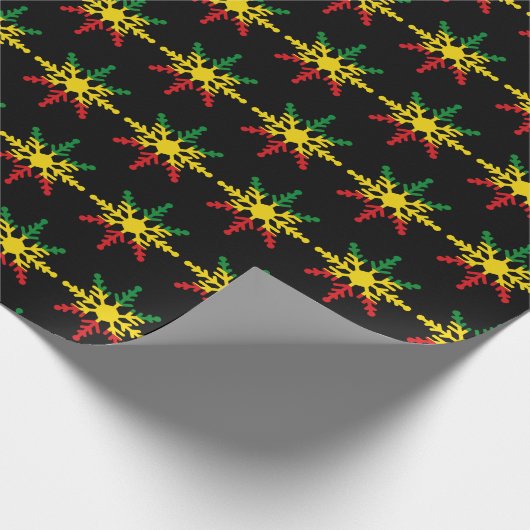 Papier Cadeau Rouge jaune vert rayures Rasta Noël Flocon de neig (Coin)