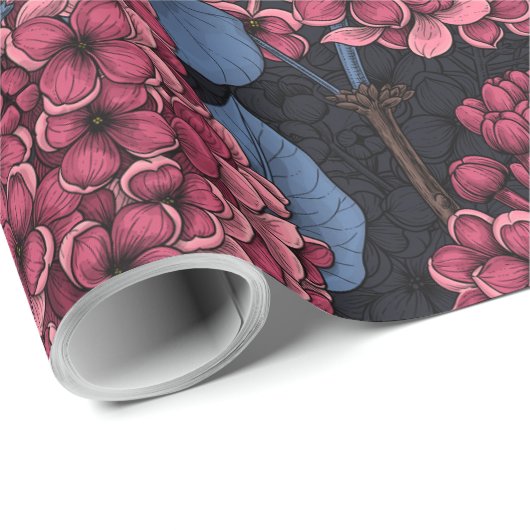 Papier Cadeau Rouge lilas sur papier d'emballage bleu foncé (Coin rond)