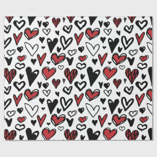 Papier Cadeau Rouge Noir Blanc Coeurs Motifs Valentine