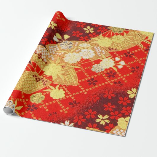 Papier Cadeau Rouge or blanc japonais Kimono Floral Découpage (Déroulé)