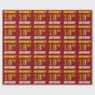 Papier Cadeau Rouge, Or Imitation/Fausse, "18e ANNIVERSAIRE"