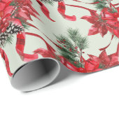 Papier Cadeau Rouge Poinsettias Ruban Bows Lattice Sage Vert (Coin rond)