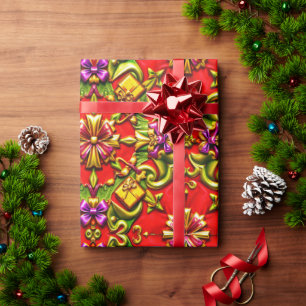 Papier Cadeau ~ Rouge, pourpre, vert et or ~