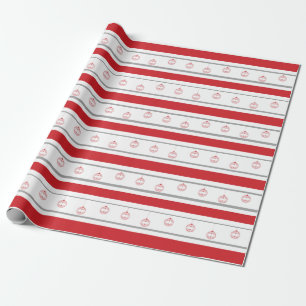 Papier Cadeau Rouge, rayures blanches avec ornements