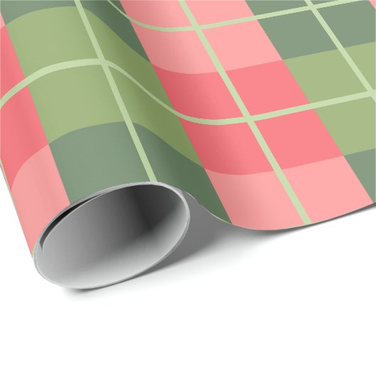 Papier Cadeau Rouge rose et Carrés verts Sage (Coin rond)