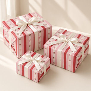 Papier Cadeau Rouge Rose Rayures Coquette Nœuds de Noël