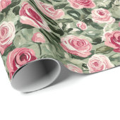 Papier Cadeau Rouge rose Vert Rose Floral Anniversaire (Coin rond)