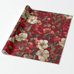 Papier Cadeau Rouge Rustique Botanique Bold Vintage Boho Floral