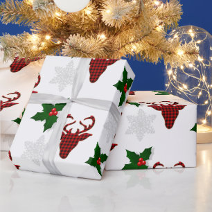 Papier Cadeau Rouge Rustique Plaid de Buffalo Cerf Flocon de Nei