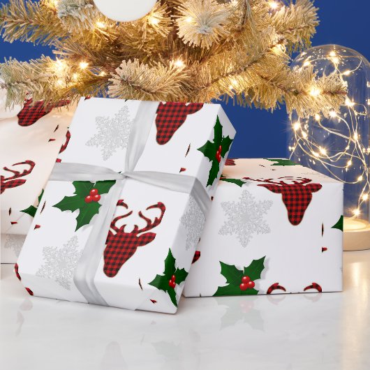 Papier Cadeau Rouge Rustique Plaid de Buffalo Cerf Flocon de Nei (Vacances)