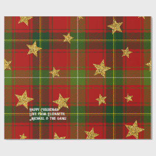 Papier Cadeau Rouge Tartan Étoile Dorée Noël Personnalisé