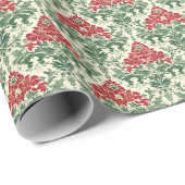 Papier Cadeau Rouge traditionnel et vert Damas de Noël (Coin rond)