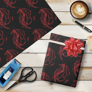 Papier Cadeau Rouge Tribal Dragon Noir