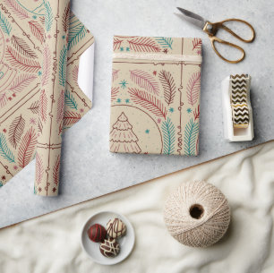 Papier Cadeau Rouge Turquoise Élégant Vintage Noël Whimsy