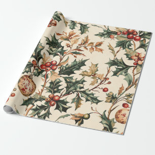 Papier Cadeau Rouge Vert Antique Bronze Ornement de Noël Hiver