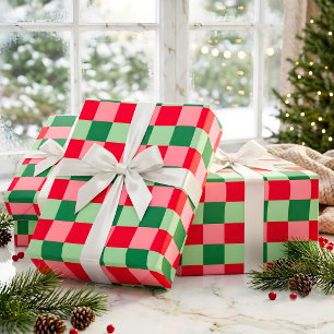 Papier Cadeau Rouge Vert Rose Tartan Plaid Noël Rétro
