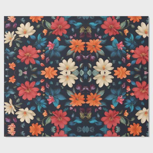 Papier Cadeau Rouges et bleus floraux sur noir (Plat)