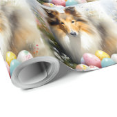 Papier Cadeau Rough Collie Chien avec Oeufs de Pâques Fête (Coin rond)
