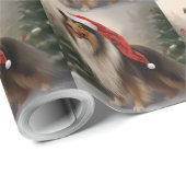 Papier Cadeau Rough Collie Chien dans la neige Noël (Coin rond)