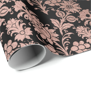 Papier Cadeau Rougissent le noir floral Metalliic de poudre d'or