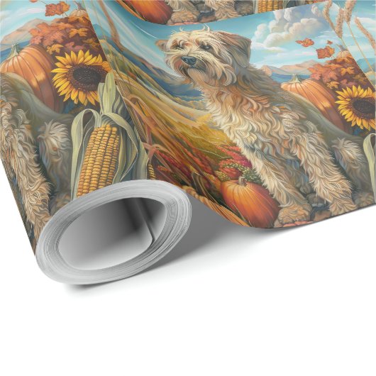 Papier Cadeau Rouler Terrier Chien Automne Moisson Thankgiving (Coin rond)