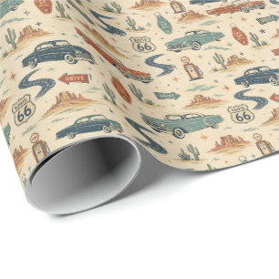 Papier Cadeau route 66 Voitures Classiques Motif Artistique Rétr