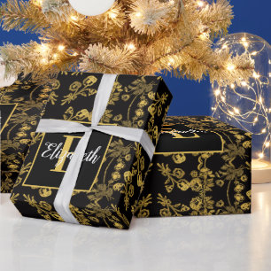 Papier Cadeau Royal Black & Gold Damassé Fleur Personnalisé