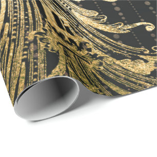 Papier Cadeau Royal Damask Sepia Faux Gold Floral Black Drops