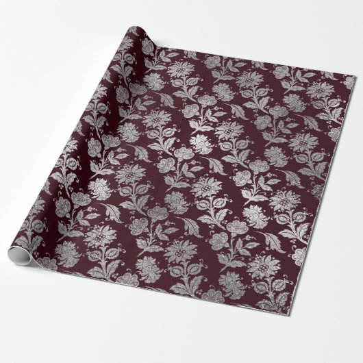 Papier Cadeau Royal Maroon Bourgogne Floral Roses d'argent brill (Déroulé)