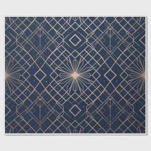 Papier Cadeau Royal Navy bleu et or Art Déco géométrique sans co