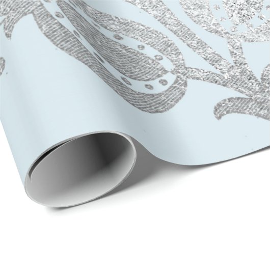 Papier Cadeau Royal Pastel Blue Silver Roses brillants (Coin rond)