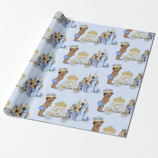 Papier Cadeau Royal Prince Castle Carriage Blue Gold Boy (Déroulé)
