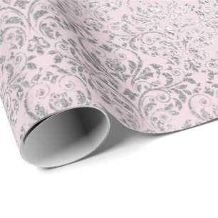 Papier Cadeau Royal Princess Pink Silver Damask brillant