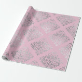 Papier Cadeau Royal Princess Pink Silver Damask brillant (Déroulé)