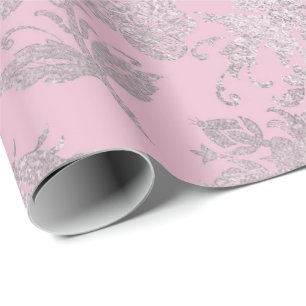 Papier Cadeau Royal Princess Pink Silver Roses brillant