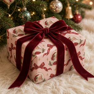 Papier Cadeau Ruban à nœud en médaillon vintage de Père Noël ros