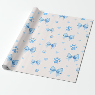 Papier Cadeau Ruban bleu, Coeur et Motif Empreinte de patte sur