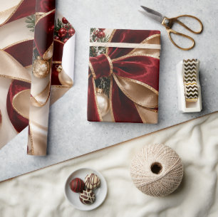 Papier Cadeau Ruban de Noël en Bourgogne doré de luxe