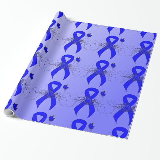 Papier Cadeau Ruban de sensibilisation bleu avec papillon (Déroulé)