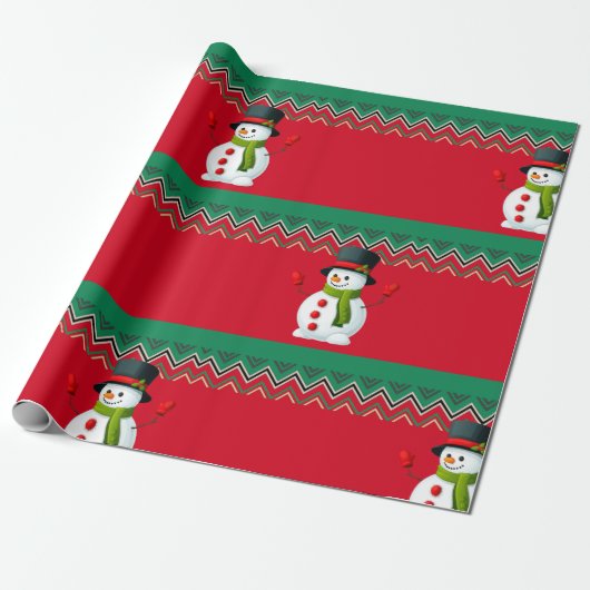 Papier Cadeau Ruban Motif Snowman Red & Green Chevron (Déroulé)