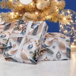 Papier Cadeau Rubans de Noël au Champagne Bleu Glacé