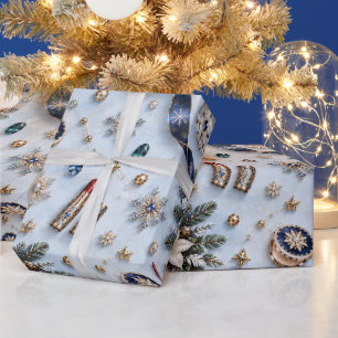 Papier Cadeau Rubans de Noël élégants en saphir bleu givré