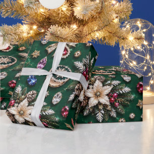 Papier Cadeau Rubans de Noël émeraude de luxe