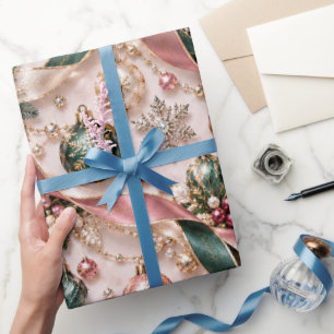 Papier Cadeau Rubans de Noël Rose Pâle Vert