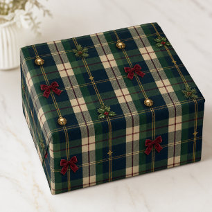 Papier Cadeau Rubans et Cloches de Noël Tartan Vert Navy Héritag