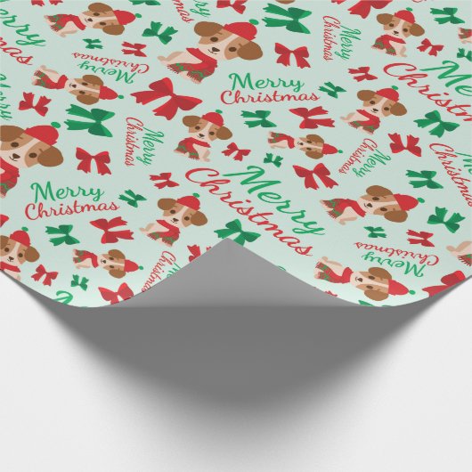 Papier Cadeau Rubans Festifs Chiens mignons Noël Vert clair (Coin)