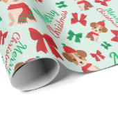 Papier Cadeau Rubans Festifs Chiens mignons Noël Vert clair (Coin rond)